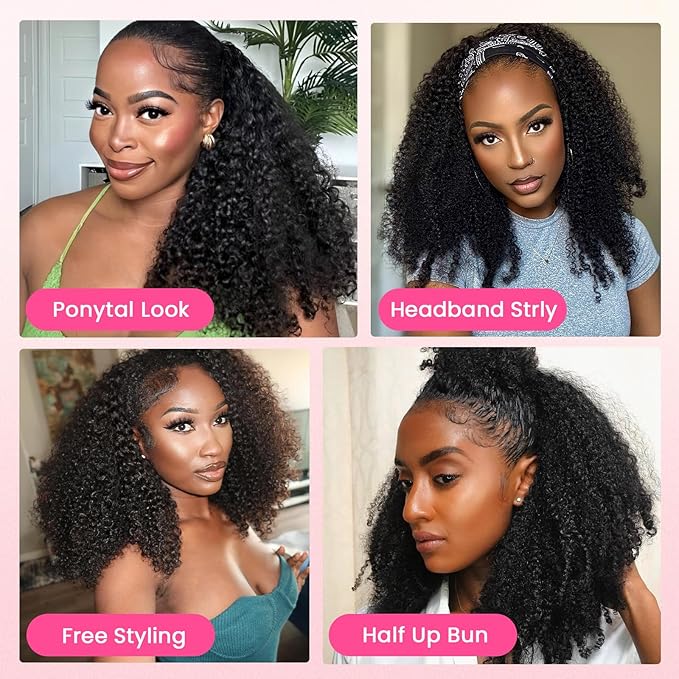 WOWANGEL Kinky Curly Half Wig Human Hair 180% Density Flexi-Fit Invisi 3 in 1 Wigs Flip Drawstring Wig Glueless Wear and Go Headband Wig 100% Human Hair for Women, Natural Black, 20 Inch