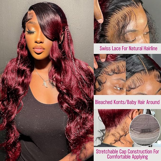 250% density 1b 99j Burgundy Lace Front Wigs Human Hair Red Burgundy Wig Human Hair 13x6 HD Body Wave Lace Front Wigs for Women burgundy ombre lace front wig human hair