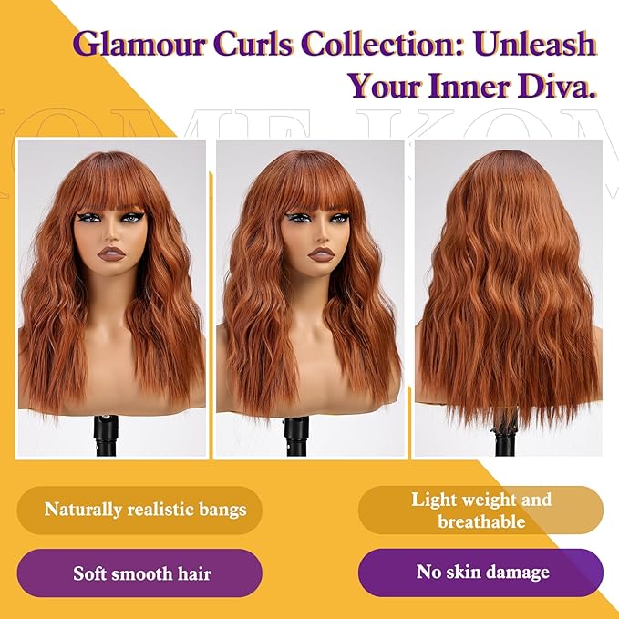 Orange Wig with Bangs,Ginger Wavy Wigs for Women,Copper Shoulder Length Curly Synthetic Hair Wig for Party Daily Use 18In…
