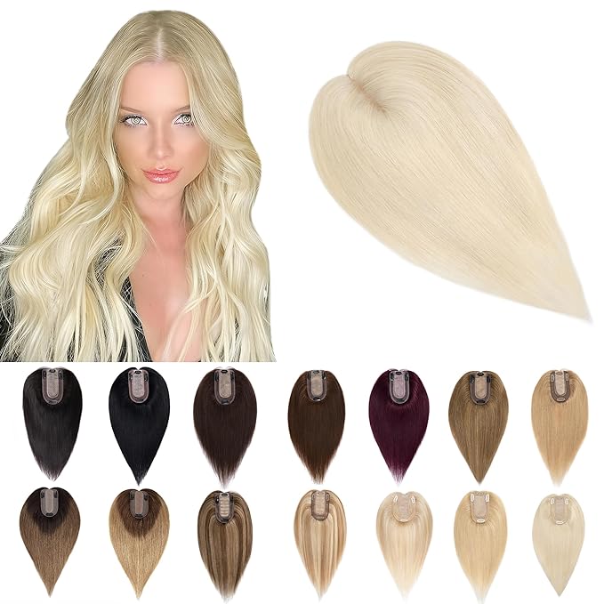 SEGO Human Hair Toppers for Women With Thinning Hair, 7 * 13CM Silk Base 100% Real Human Hair Clip in Top Wiglet Hairpieces /8 Inch No Bangs Platinum Blonde