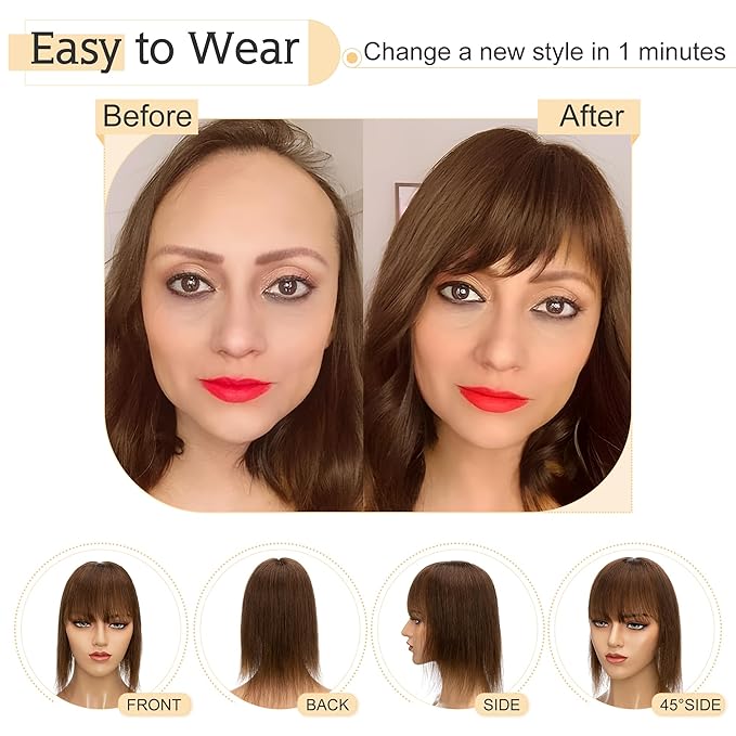 SEGO Hair Toppers for Women Real Human Hair With Bangs, 7 * 13CM Silk Base 100% Remy Human Hair Clip in Top Wiglet Hairpieces Add Volume -6 Inch Medium Brown