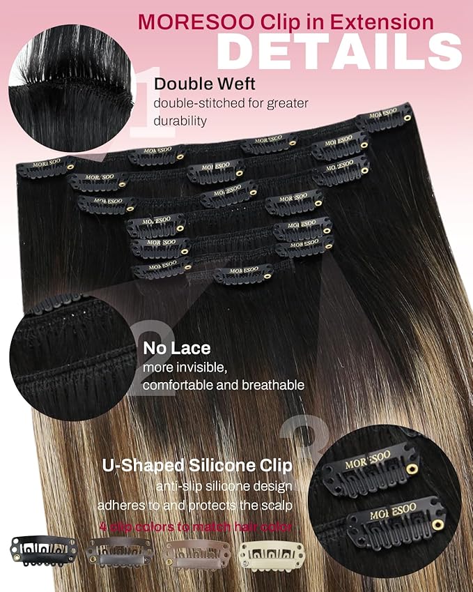Moresoo Clip in Hair Extensions Real Human Hair Balayage Double Weft Clip in Extensions Human Hair for Long Straight Ombre Black to Brown with Caramel Blonde 7pcs 120g 24inch