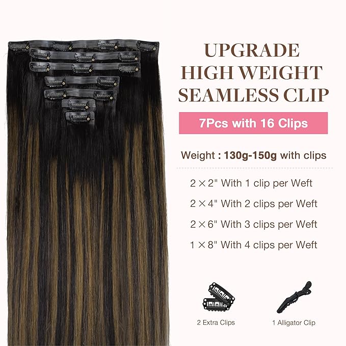 GOO GOO Clip in Hair Extensions Real Human Hair, Remy Human Hair Extensions Clip ins for Women, Natural Human Hair, 24inch 160g 7Pcs, 1B/6/1B Balayage Natural Black to Chestnut Brown