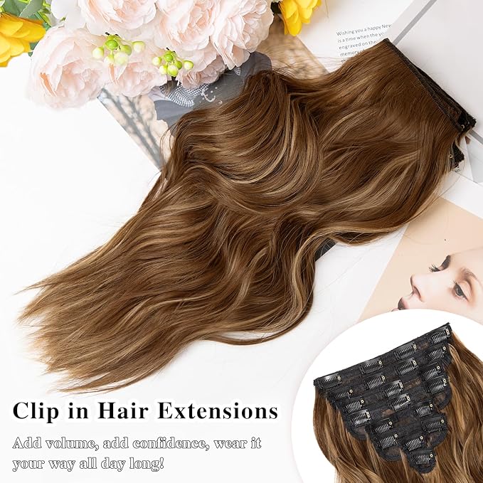 Hair Extensions for Women, 8PCS 16 Inch Curly Light Brown Clip in Hair Extensions Mix Blonde, Synthetic Wavy Full Head Thick Hairpieces for Women