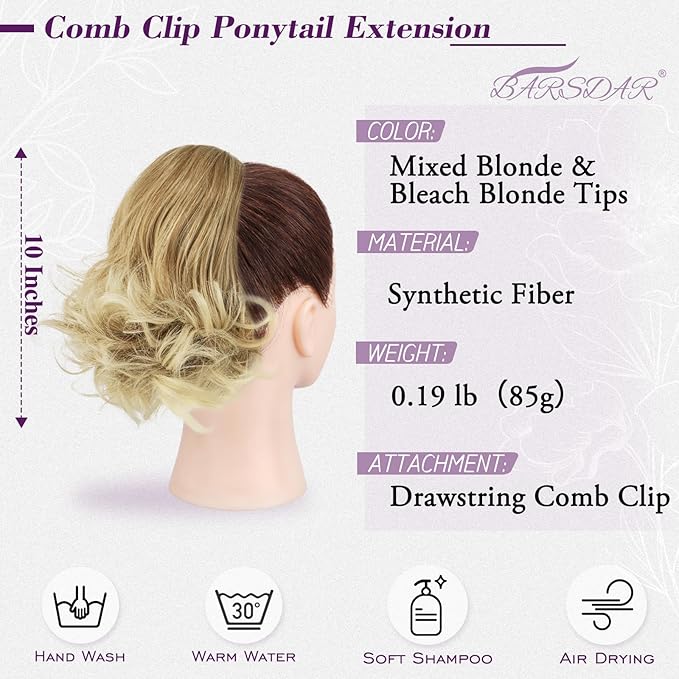 BARSDAR Short Blonde Ponytail Extension - 10 Inch Wavy Drawstring Ponytail Hair Extensions for Women - Synthetic Comb Clip in Ponytail Hairpieces Fake Pony Tails - Mixed Blonde & Bleach Tips