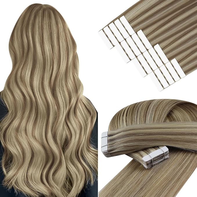 YoungSee Human Hair Tape in Extensions Highlight Invisible Tape in Brown Hair Extensions Softness Tapes Remy Hair Extension Human Hair Light Brown Highlighted Blonde 14Inch 20pcs 50g