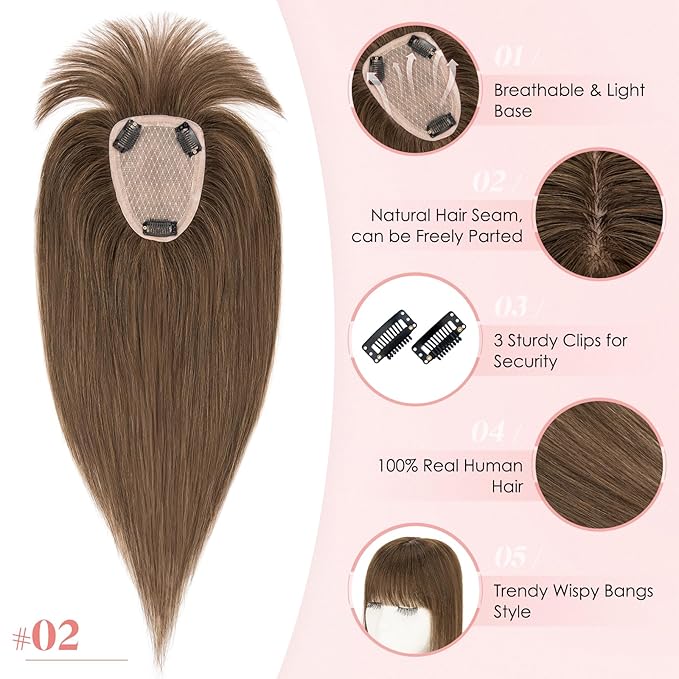 Hairro Human Hair Toppers with Wispy Bangs, 3.5x4.7" Hand-wovened Base for Women with Thinning Hair, Lightweight & Breathable Realistic Scalp, Clip-in Hairpieces for Easy Wear, 14 Inch Cocoa Brown