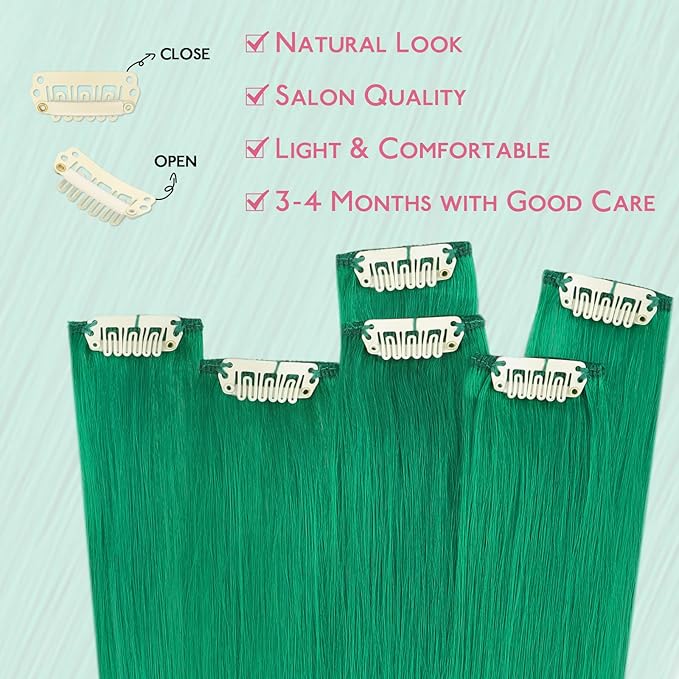 WENNALIFE Green Clip in Hair Extensions Real Human Hair 35g 6pcs 16 Inch Colored Hair Extensions for Kids Women Colorful Hair Pieces Pop-up Style Straight Extensiones De Cabello Humano Con Clip