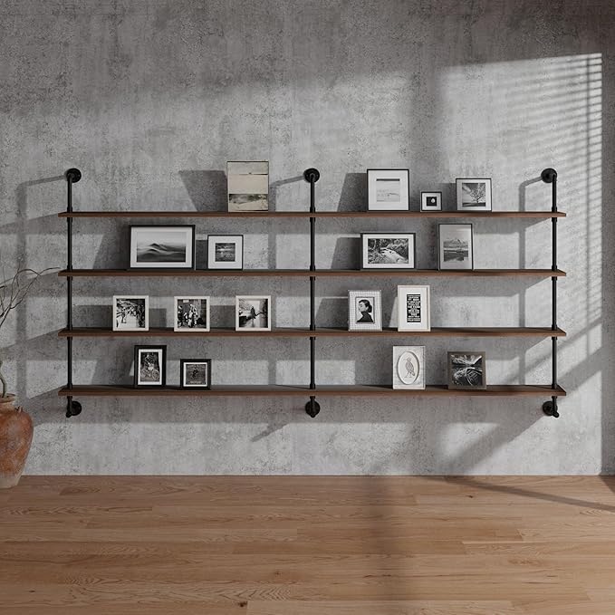 Industrial Pipe Wall Shelves Pipe Shelving with Real Wood Plank,60 Inches Floating Shelves for Wall Farmhouse Pipe Book Shelves Dark Brown 4 Tier for Kitchen,Living Room Decor and Bar Shelving