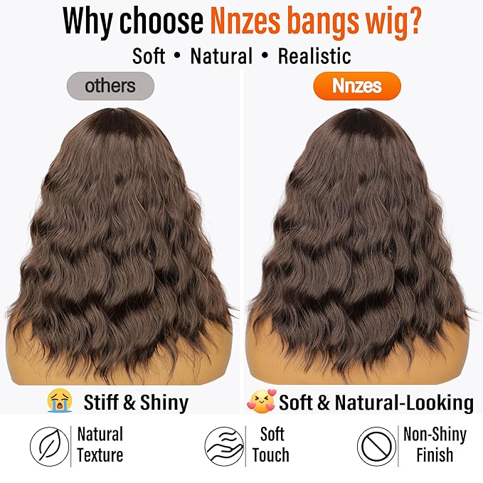 Nnzes Short Wavy Bob Wig with Bangs for Women Shoulder Length Curly Soft Coffee Brown Synthetic Heat-Resistant Fiber Hair for Daily & Party Use