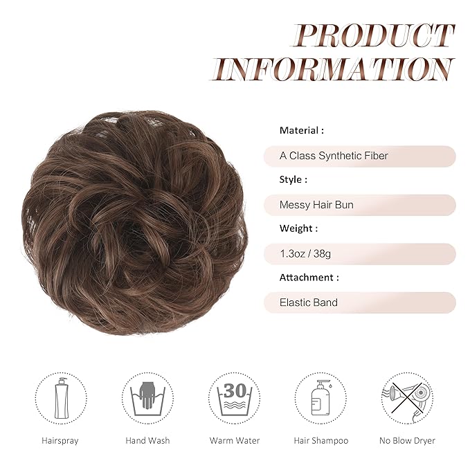 FESHFEN Messy Bun Hair Piece - Elastic Wavy Curly Hair Bun Scrunchies Extensions Synthetic Chignon Hairpieces for Women Girls, Brunette Brown 1.5 oz