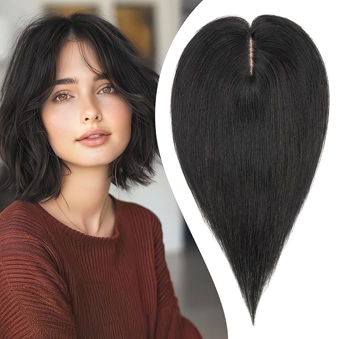 S-noilite Hair Toppers for Women Real Human Hair 3D 360° Cover Clip in 100% Real Human Hair Toppers 3″*4″ Clip in Silk Base 10 inch Jet Black