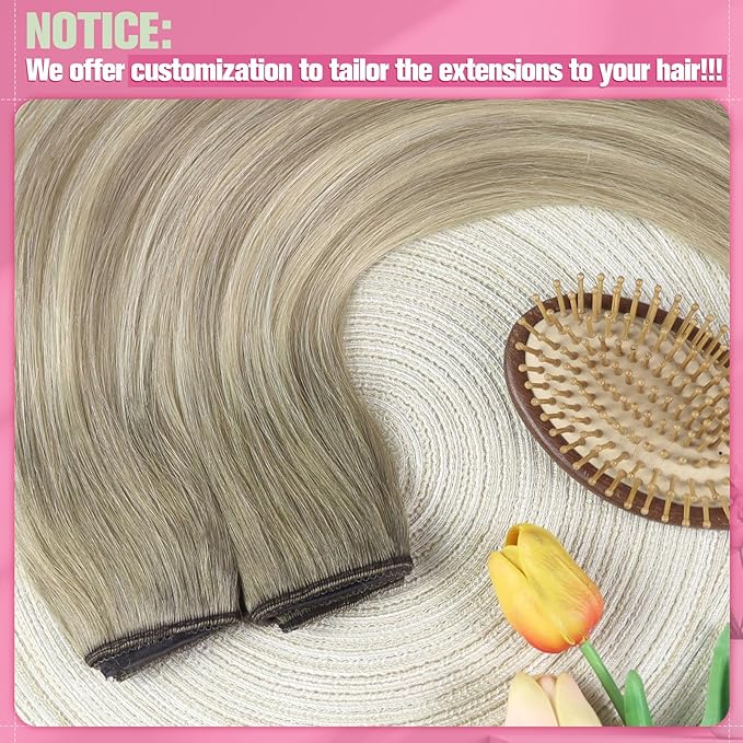YoungSee 130G Wire Hair Extensions Human Hair Ombre Hair Extensions Wire Balayage Ash Blonde Ombre Platinum Blonde Fish Line Extension Real Human Hair for Women 22inch
