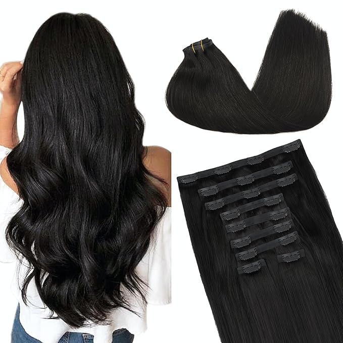 GOO GOO Clip in Hair Extensions Real Human Hair, Remy Human Hair Extensions Clip ins for Women, Natural Human Hair, 14inch 150g 9Pcs, #1B Natural Black