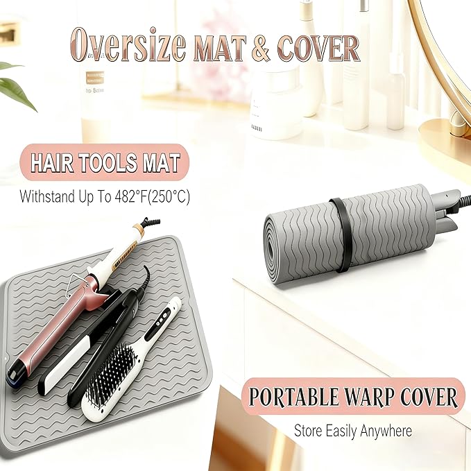 Heat Mat for Curling Iron, Oversize Silicone Resistant Mat for Hair Tools, Hot Pad for Hair Straightener, Flat Irons and Hot Hair Styling Tools Home Kitchen Travel Gym Salon Grey (15.7" x 11.8")