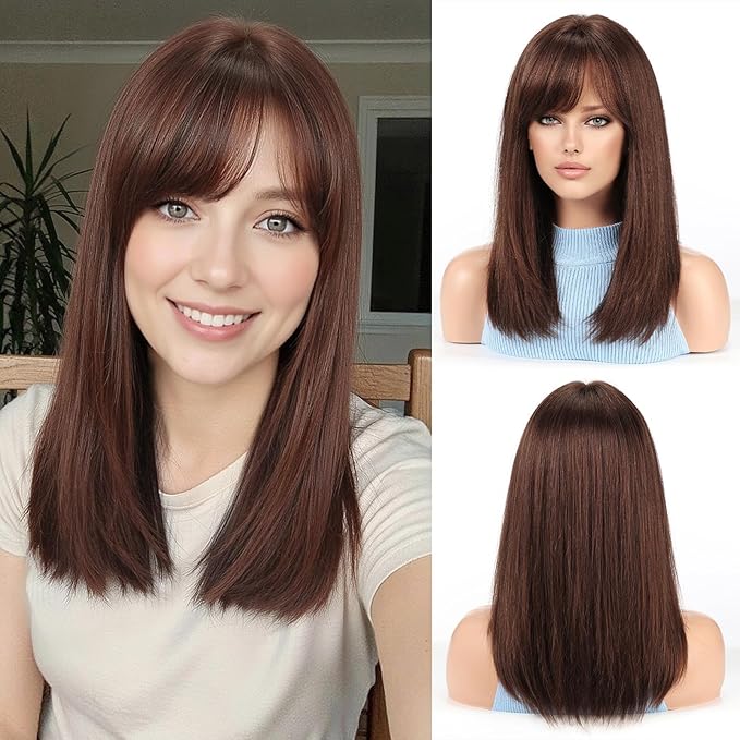 RSY Straight Human Hair Wigs for Women, Shoulder Length and Layered Real Hair Auburn Wig with Bangs for Daily Party Use