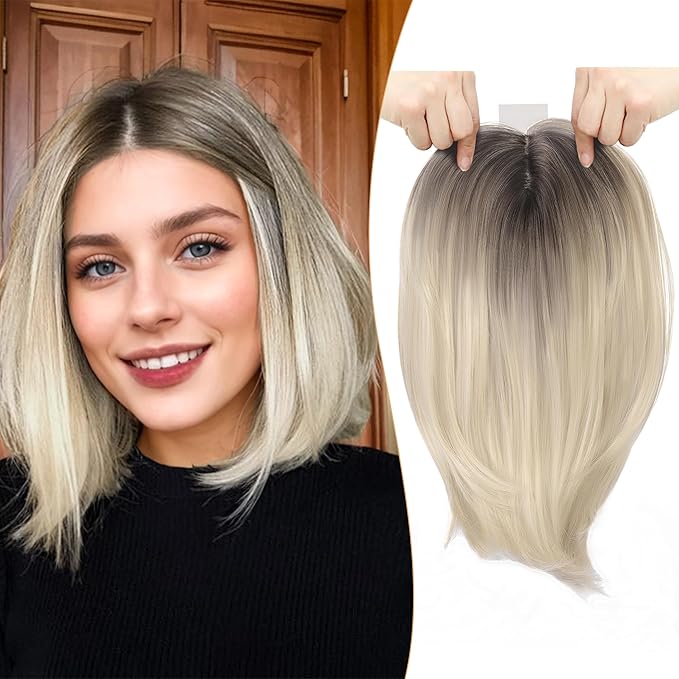 CROWN GUIDE 12 Inch Hair Toppers for Women with Thinning Hair - Synthetic Clip in Topper with Bangs Breathable Hairpiece 6.5x6.5 Base, Volume Wiglets Full Coverage (Ombre Blonde with Dark Root)