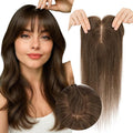 Hair Toppers for Women Real Human Hair 3.54"*4.72" Silky Base 150% Density With Bangs Adjustable Parting Clip-In Topper Hairpieces for Women with Thinning Hair 16 Inches Natural Brown