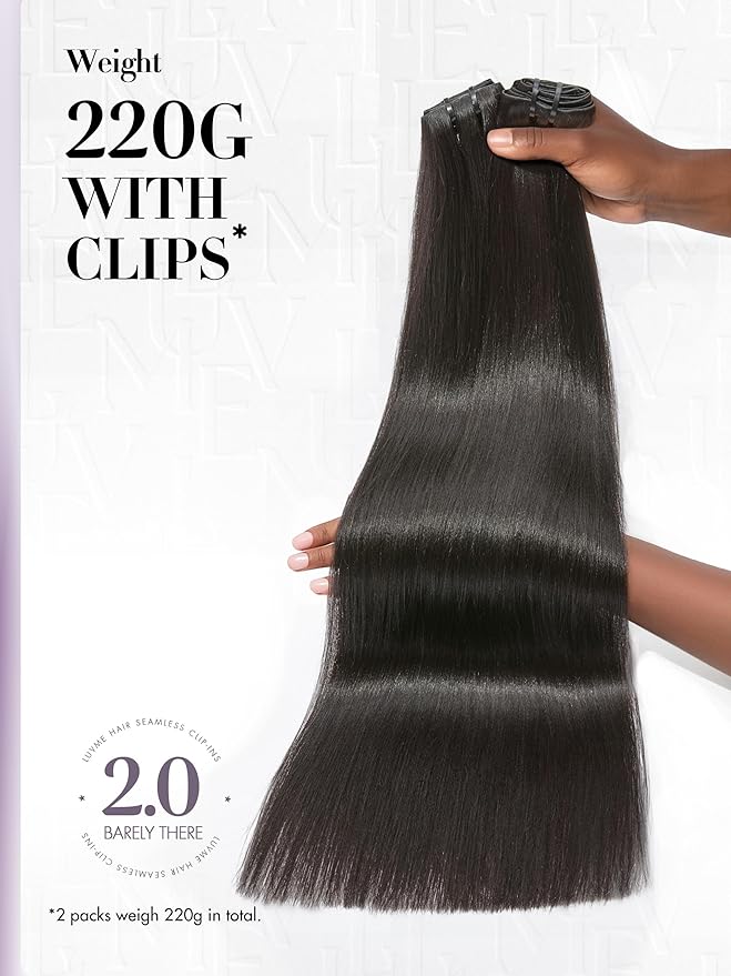 LUVME Invisible Clip in Hair Extensions, Yaki Straight Real Human Hair 16 Inch 2 Pack 220g 12pcs Clip ins Hair Extensions Natural Black for Women