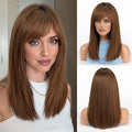 RSY 100% Human Hair Wigs for Women, Ombre Brown Shoulder Length Straight Layered Wig with Bangs, Natural Real Hair for Daily and Party Wear