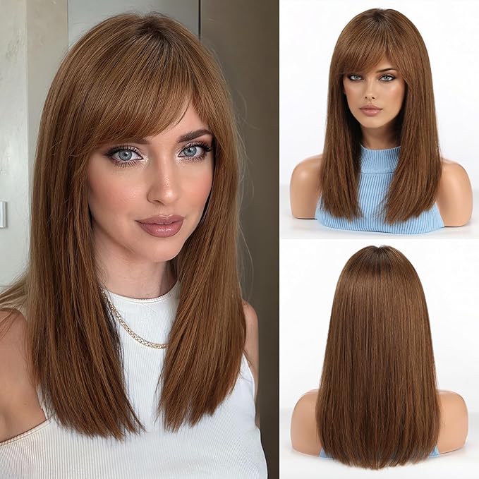 RSY 100% Human Hair Wigs for Women, Ombre Brown Shoulder Length Straight Layered Wig with Bangs, Natural Real Hair for Daily and Party Wear