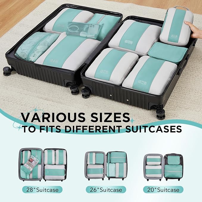 10 Set Compression Packing Cubes for Travel Essentials,Compressible Expandable Packing Cubes for Suitcase,OlarHike Luggage Organizer Bags for Travel,Handy Helper for Organizing Clothes(Cyan)