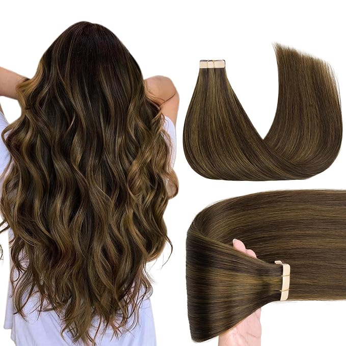 GOO GOO Tape in Hair Extensions Human Hair, 2C/4E/6C Brown Sugar Swirl Highlights, 18inch 50g 20pcs, Skin Weft Seamless Invisible, Silky Straight with Thick Ends, Remy Human Hair