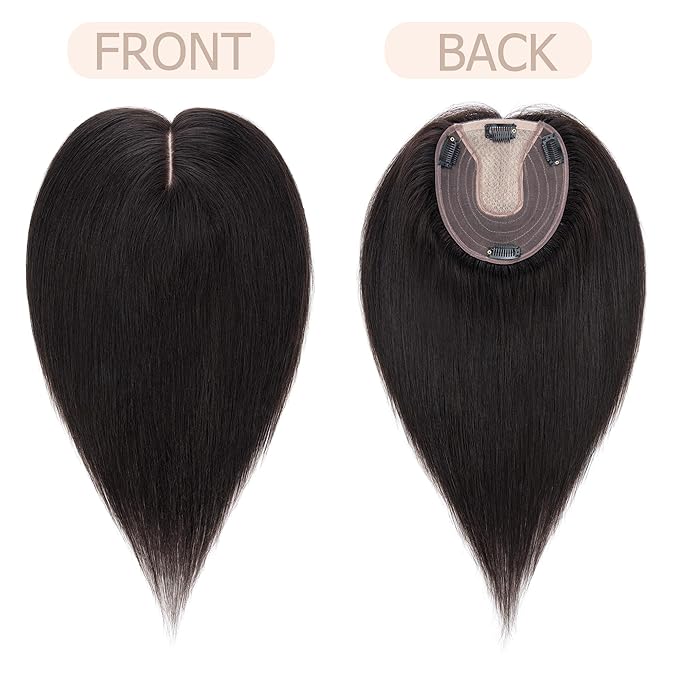 Hair Toppers for Women Real Human Hair No Bangs, 13 * 15 cm Larger Silk Base 150% Density Clip In Topper Hairpieces, Wiglet Top Pieces Add Volume -10 Inch 01B Natural Black