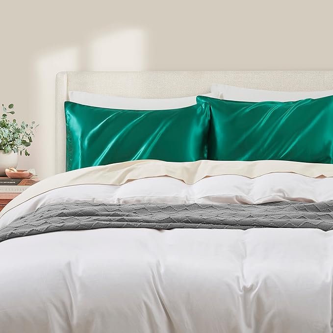 Blackish Green Satin Pillowcase Queen Size Set of 2 for Hair and Skin,Blackish Green Silk Pillowcase Breathable Pillowcase with Envelope Closure