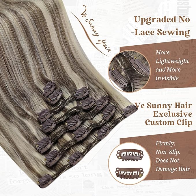 Ve Sunny Clip in Hair Extensions Real Human Hair for Women Full Head Straight Remy Clip in Extensions Light Brown Highlights Platinum Blonde 7pcs 120g 16 inch