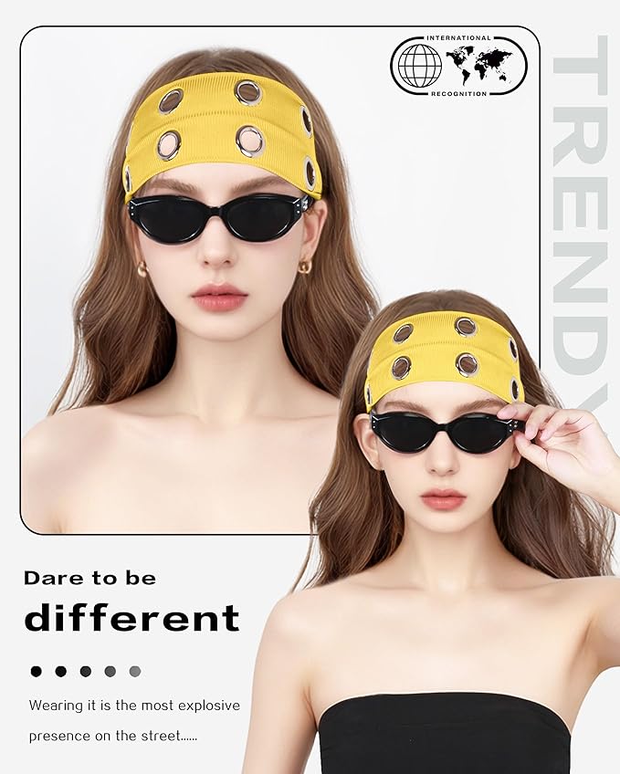 Grommet Headband for Women, Yellow 23cm Hollow Out Elastic Hair Band, Eyelets Punk Grunge Stylish Hairband
