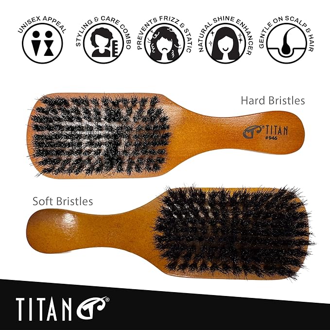 TITAN Double Sided Boar Bristle Brush, 100% Natural Firm and Soft Bristles with Wooden Handle, 2-in-1 Hair Brush for Waves, Fades, and Slick Back Styling, Durable Wood Design for Men and Women