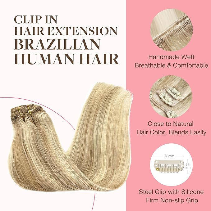 GOO GOO Clip in Hair Extensions Real Human Hair, Remy Human Hair Extensions Clip ins for Women, Natural Human Hair, 20inch 120g 7Pcs, 18A/613A Dark Blonde Highlighted Bleach Blonde