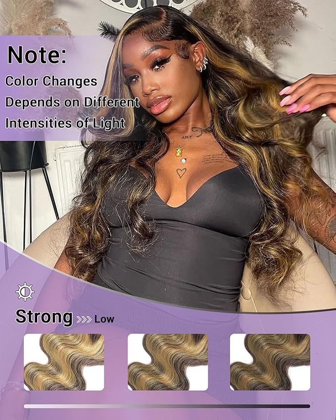 Body Wave 2x6 HD Lace Closure Highlight Yellow Golden Blonde On Chocolate Brown Color Human Hair Transparent Lace Closure 2x6 Long Middle Part 100% Raw Virgin Human Hair 12 Inch 150% Density