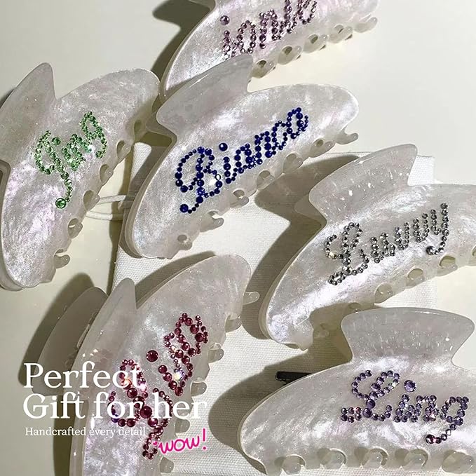 Personalized Colorful Name Hair Claw Clips for Women,Custom Hair Clips with Diamond,Cute Hair Accessories 4",Handmade Rhinestones Hair Clamp Gifts for Mom,Bride,Wife,Bridesmaid,Couples（Flash White）