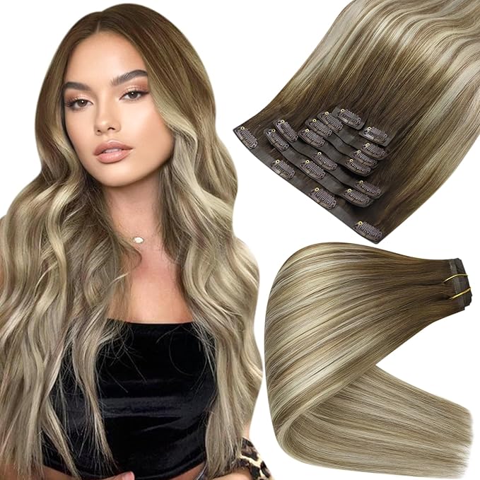 Full Shine Ombre Clip in Hair Extensions Human Hair Light Blonde Mix Light Brown Seamless Human Hair Clip in Extension for Short Hair Thick Ends 12 Inch 8 PCS 95 G