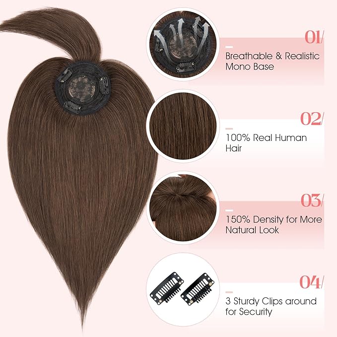 Hairro Mono Hair Toppers with Bangs, 3.4" x 3.4" Mono Base 100% Real Human Hairpieces for Women, 150% Density Clips In Topper for Greyish Thinning Hair, 18 Inch Dark Brown