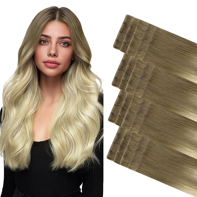 GOO GOO Invisi Edge Tape in Hair Extensions Human Hair, 9/60 Balayage Ash Brown to Platinum Blonde, 20pcs 22inch 50g, Virgin Remy Hair, Seamless Injected Tape, Natural Look