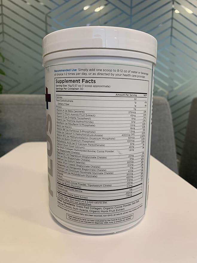 Livingood Daily Collagen Powder for Women & Men, Grass Fed Hydrolyzed Collagen Peptides, Protein & Multivitamins for Healthy Hair, Skin & Nails, Keto & Paleo, Gluten Free, Chocolate, 30 Servings