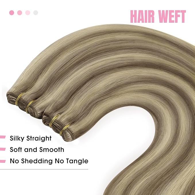 YoungSee 100G Weft Hair Extensions Highlight Human Hair Weft Extensions Light Brown Highlight Blonde Sew in Hair Extensions Real Human Hair for Short Hair 14Inch
