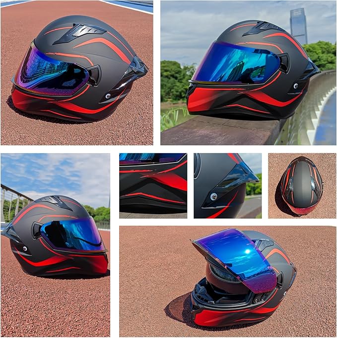 Full Face Motorcycle Helmets for Adult Men Women, DOT Approved Street Bike Racing Helmet Dual Visor Quick Release Buckle, Motorbike ADV Moped Helmet with Extra Clear Visor