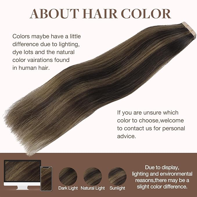 GOO GOO Tape in Hair Extensions Human Hair, 2/6 Dark Brown Highlighted Chestnut Brown, 18inch 100g 40pcs, Skin Weft Seamless Invisible, Silky Straight with Thick Ends, Remy Human Hair