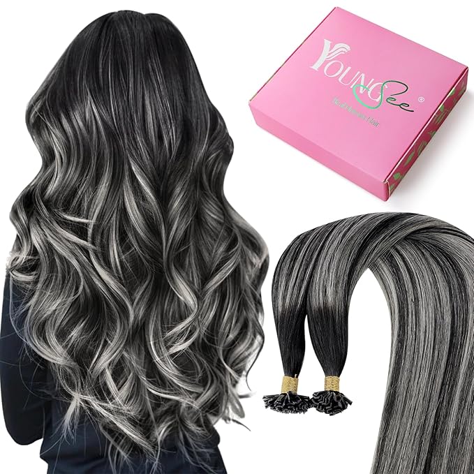 YoungSee K Tip Hair Extensions Real Human Hair Ombre K Tip Extensions Natural Black Roots to Silver Grey Balayage Keratin Tip Hair Extensions Human Hair Pre Bonded 50g 20inch 50s