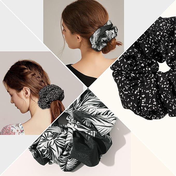 Scrunchies Hair Ties for Women - Big Silk Satin Scrunchie Exra Large Jumbo Gaint Oversized Pact of 4 Scrunchy for Curl Thick Hair Ligas Para el Cabello De Mujer Decoration Hair Accessories Gift