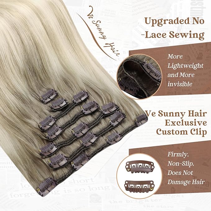 Ve Sunny Hair Extensions Clip in Real Human Hair Ombre Ash Grey Balayage Platinum Blonde Double Weft Remy Straight Human Hair Extensions Clip ins for Women 7pcs 120g 22 inch