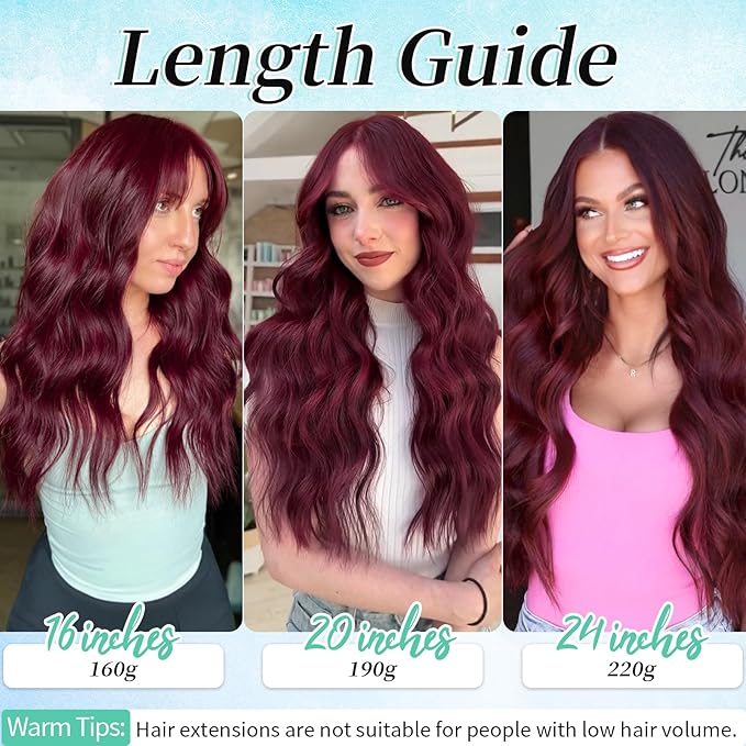 KooKaStyle Hair Extensions Burgundy Clip in Synthetic Highlight Hair Extensions Long Wavy 4PCS Thick Hairpieces 20 Inch for Women