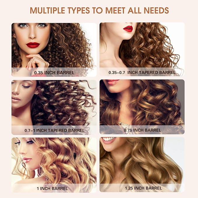 6 in 1 Hair Wand Curling Iron - Janelove 180-450℉ Long-Lasting Ceramic Hair Curlers, 0.35 to 1.25 inch Curling Wand Set for All Women, 110-220V Hair Waver with LCD- Gold