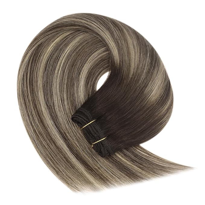 YoungSee Balayage Human Hair Sew in Extensions Chocolate Brown with Ash Blonde Balayage Weft Extensions One Piece Weft Hair Extensions Human Hair for Natural Look 22Inch 100G