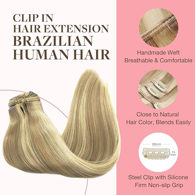 GOO GOO Clip in Hair Extensions Real Human Hair, Remy Human Hair Extensions Clip ins for Women, Natural Human Hair, 24inch 170g 7Pcs, #16/22 Light Blonde Highlighted Golden Blonde