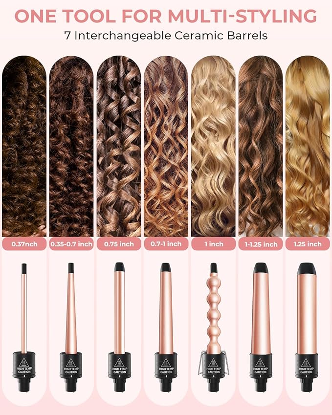 7 in 1 Curling Wand Set: Ohuhu Curling Iron Wand 7Pcs 0.35 to 1.25 Inch Interchangeable Ceramic Barrel Heat Protective Glove 2 Clips Dual Voltage Hair Curler Girl Women Mother Christmas Gift Rose Gold